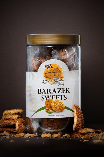 La Nostalgia Foods Barazek Sweets, Sesame seeds and pistachio Cookie, Halal, Jars, 350g (12.3oz) each jar.